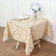 Polyester Square Tablecloth With Gold Foil Geometric Pattern 54"x54" Champagne