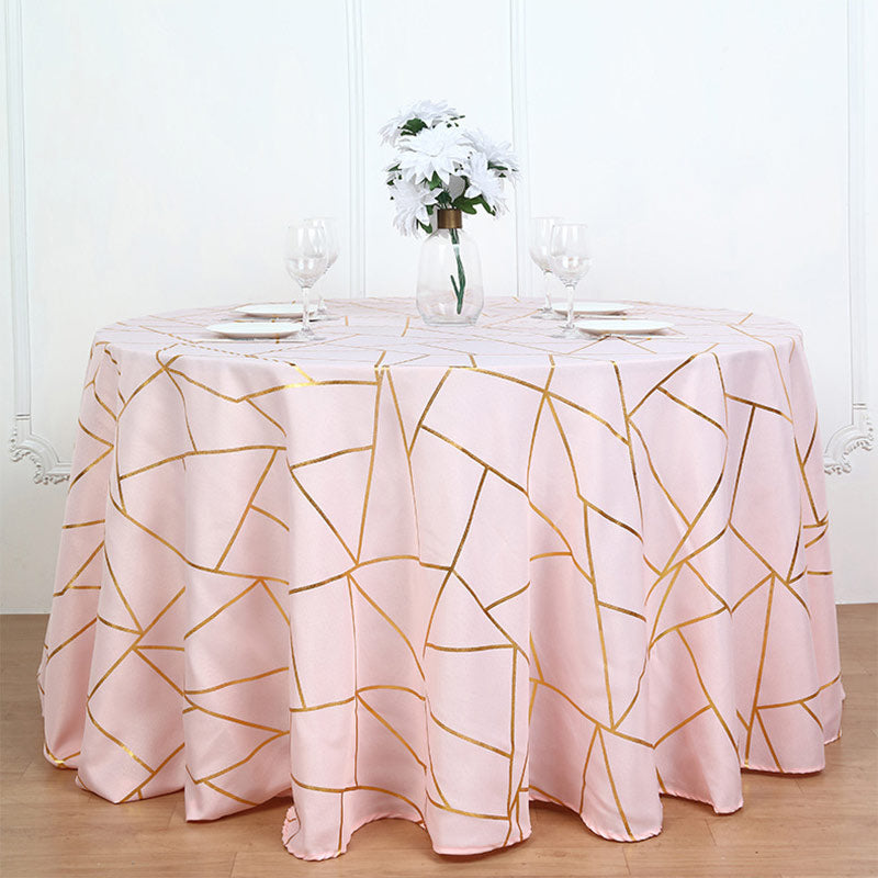 Polyester Round Tablecloth With Gold Foil Geometric Pattern 120" Champagne