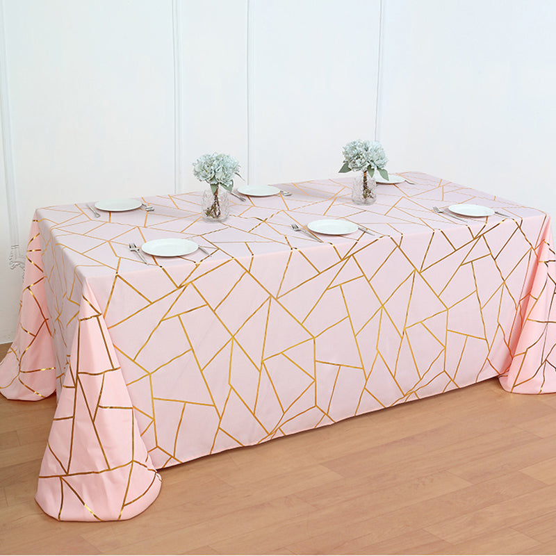 Polyester Rectangle Tablecloth With Gold Foil Geometric Pattern 90"x132" Gray Pink
