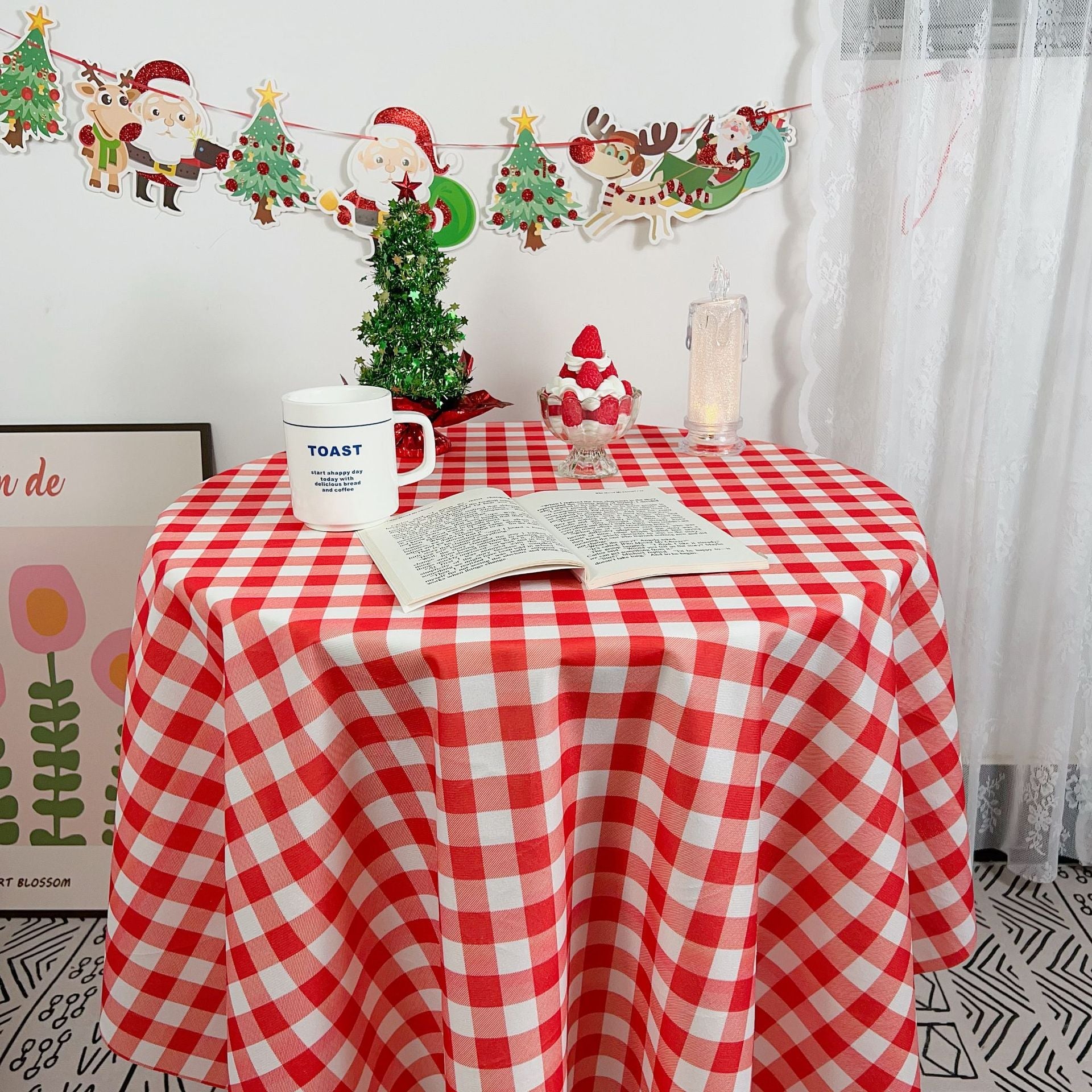 Polyester Checkered Round Tablecloth White/Red