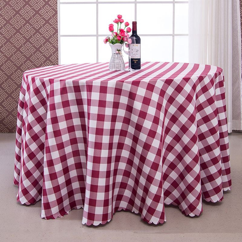 Polyester Fabic Round Checkered Tablecloth Outdoor Table Cloth Burgundy