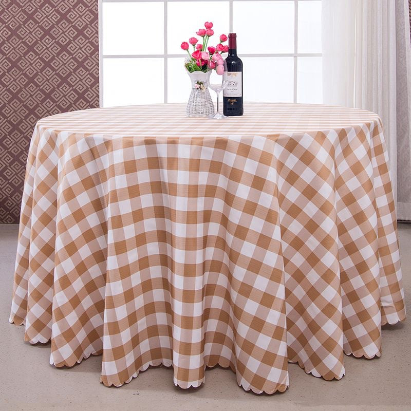 Polyester Fabic Round Checkered Tablecloth Outdoor Table Cloth Light Coffee