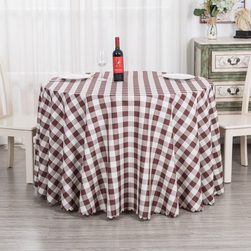 Polyester Fabic Round Checkered Tablecloth Outdoor Table Cloth Dark Coffee