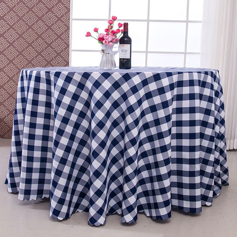 Polyester Fabic Round Checkered Tablecloth Outdoor Table Cloth Navy Blue