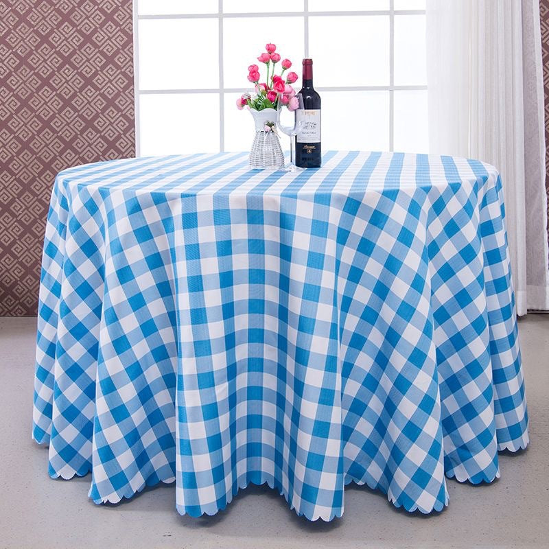 Polyester Fabic Round Checkered Tablecloth Outdoor Table Cloth Sky Blue