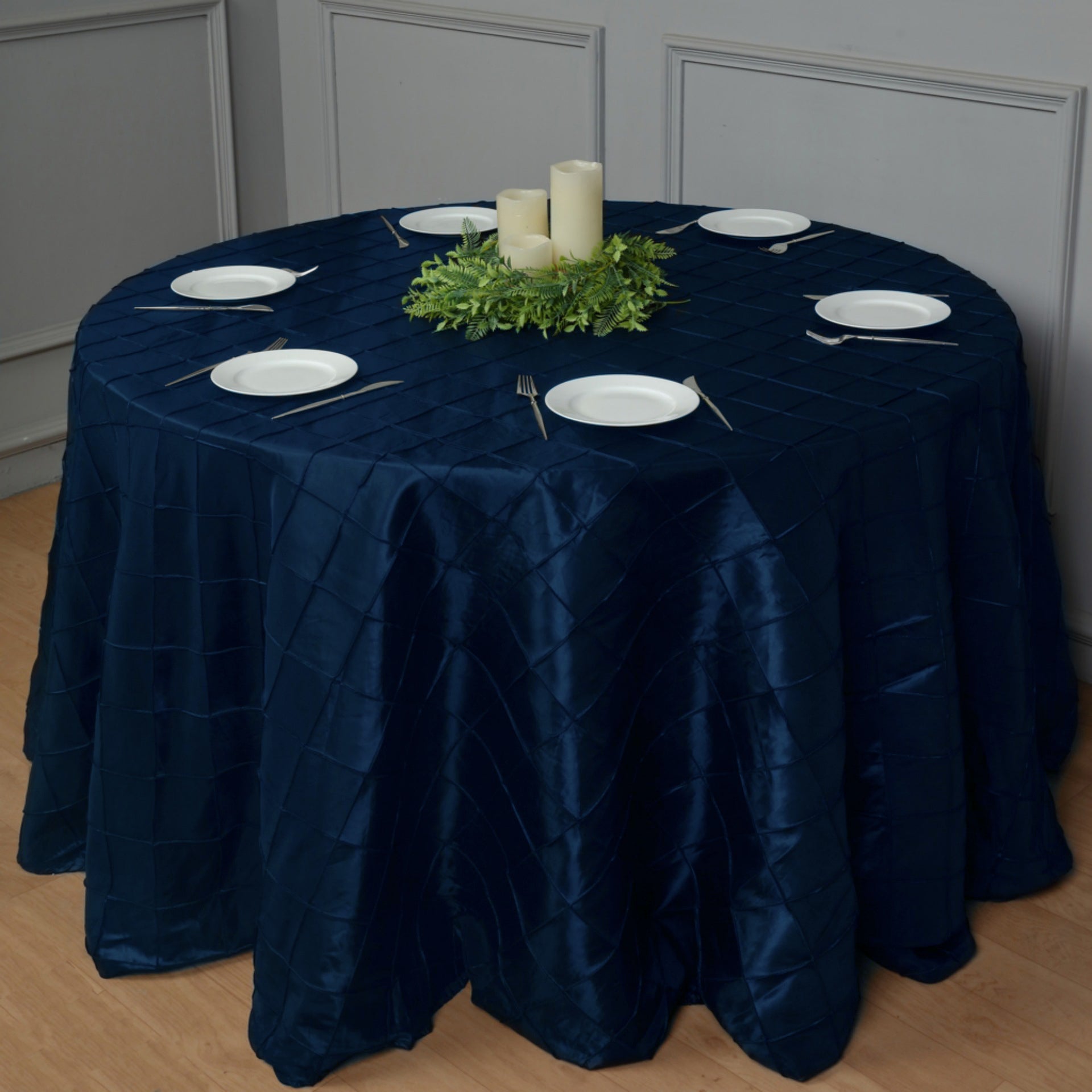 Polyester Solid Plaid Textured Tablecloth Round 132" Navy Blue
