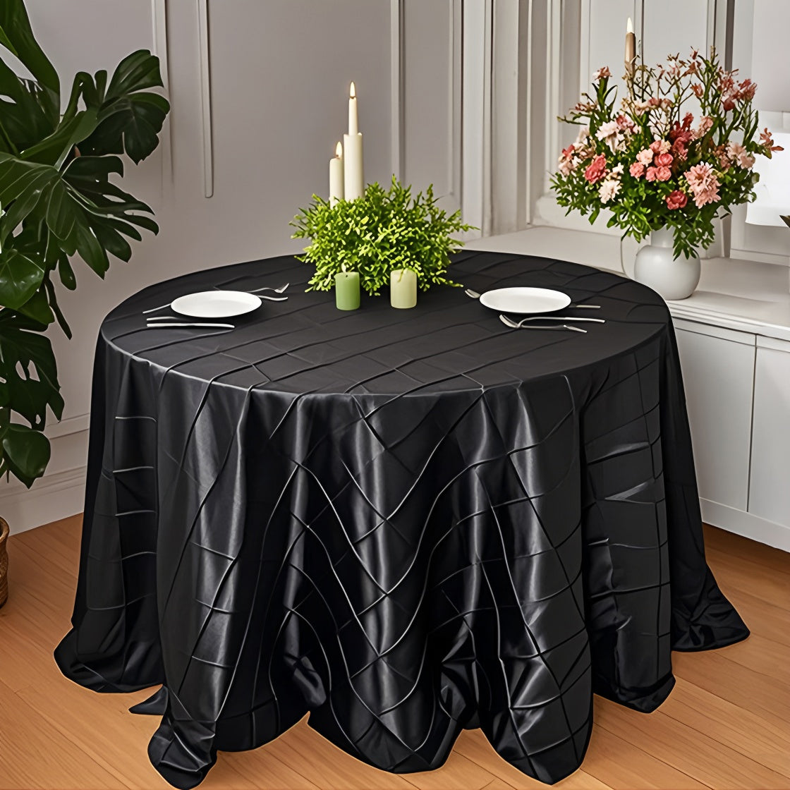 Polyester Solid Plaid Textured Tablecloth Round 132" Black