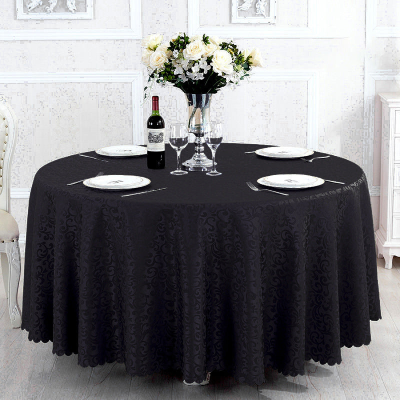 Portofino Scalloped Damask Fabric Round Tablecloth Black