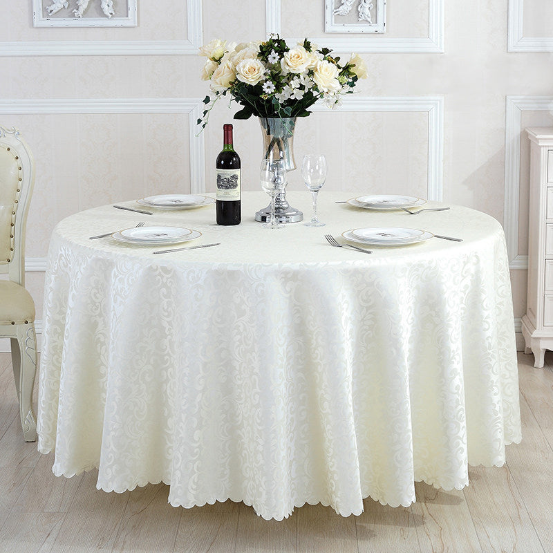 Portofino Scalloped Damask Fabric Round Tablecloth Off White