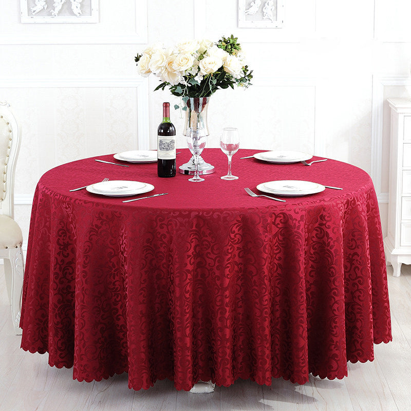 Portofino Scalloped Damask Fabric Round Tablecloth Burgundy
