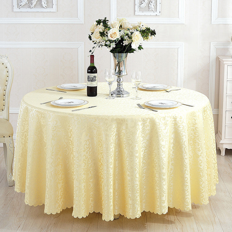 Portofino Scalloped Damask Fabric Round Tablecloth Beige