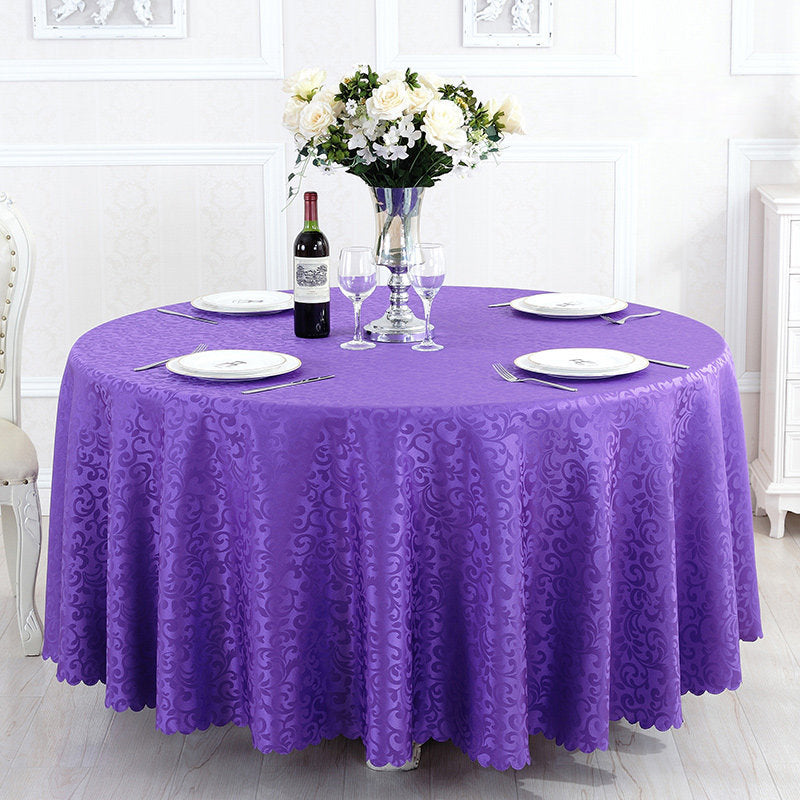 Portofino Scalloped Damask Fabric Round Tablecloth Purple