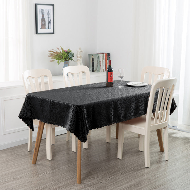 Portofino Scalloped Damask Fabric Square Tablecloth Black