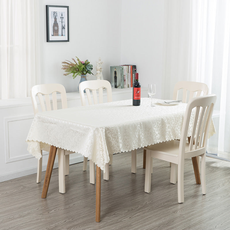 Portofino Scalloped Damask Fabric Square Tablecloth Off White
