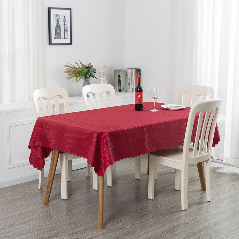 Portofino Scalloped Damask Fabric Square Tablecloth Burgundy