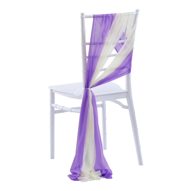 5pcs Pack of Chiffon Chair Sashes/Ties 8" x 100" Purple & Beige