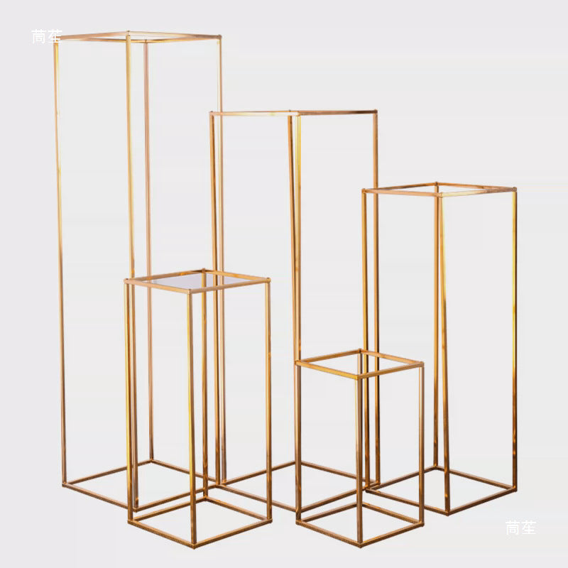 2Pc Rectangular Gold Metal Wedding Flower Stand Geometric Column Frame