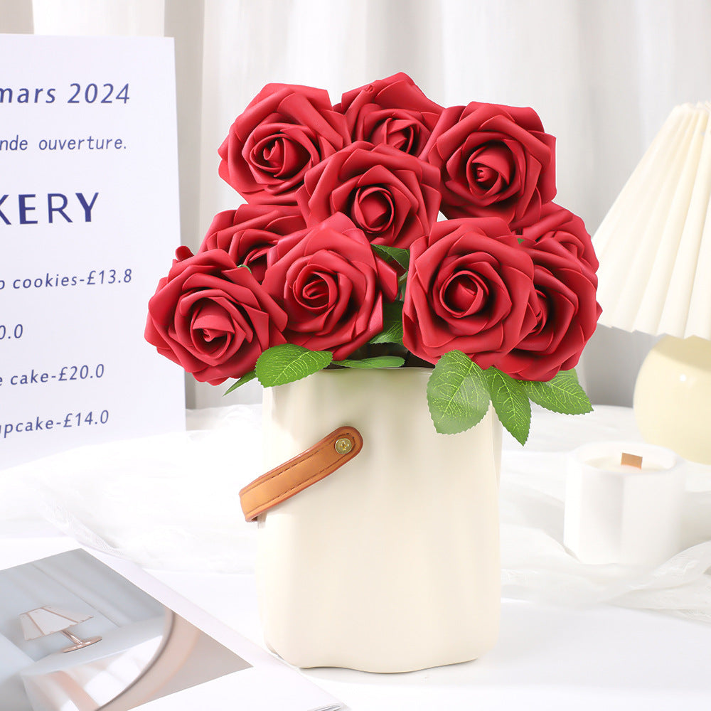 25 Rose Artificial Foam Flowers with Stems Wire and Leaves 2.8" White