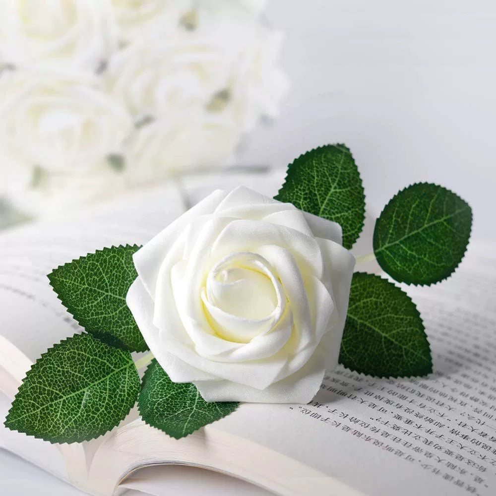 25 Rose Artificial Foam Flowers with Stems Wire and Leaves 2.8" White