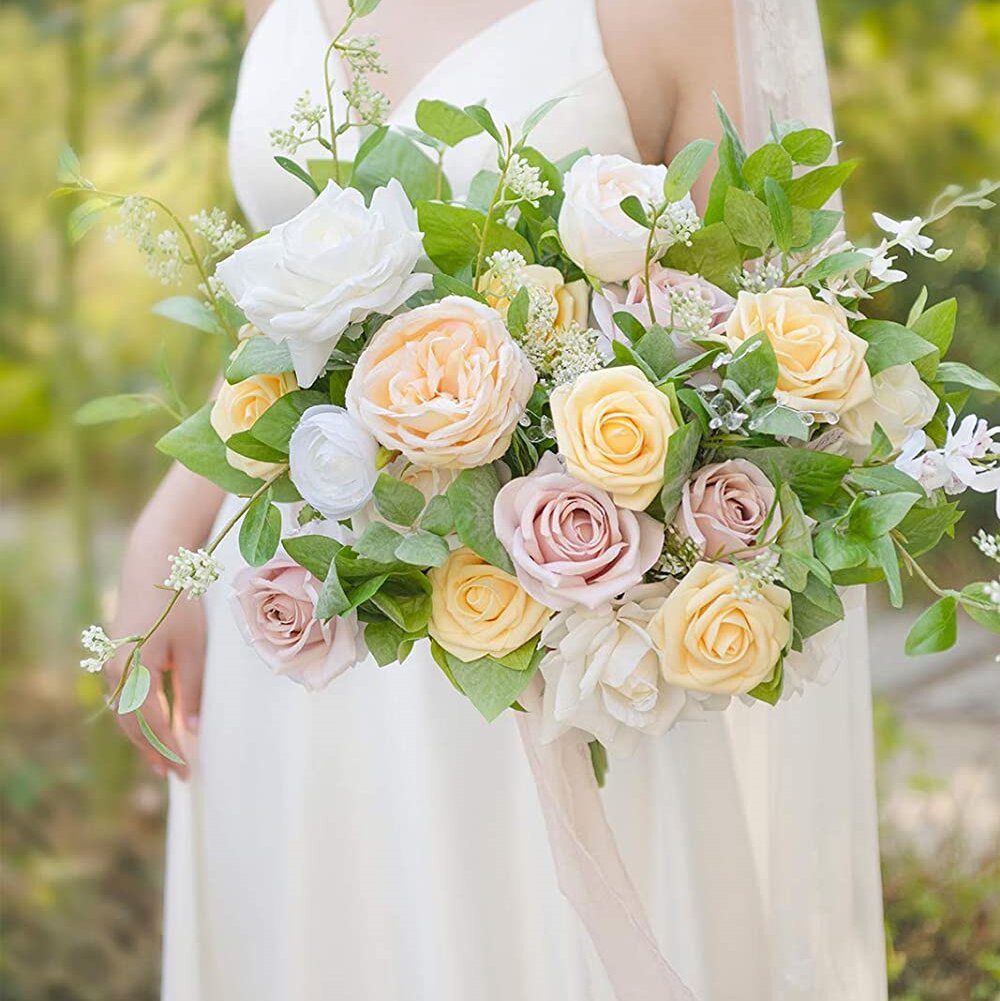 25 Rose Artificial Foam Flowers with Stems Wire and Leaves 2.8" White