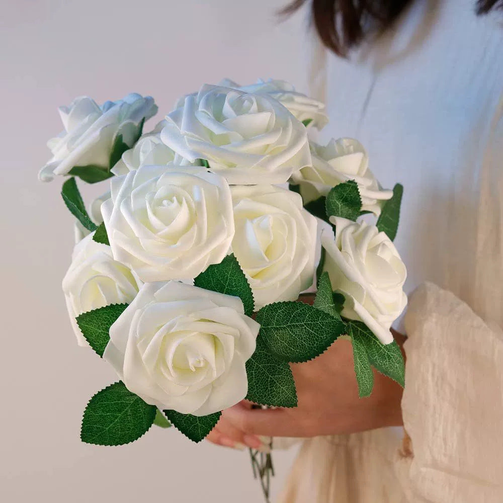25 Rose Artificial Foam Flowers with Stems Wire and Leaves 2.8" White