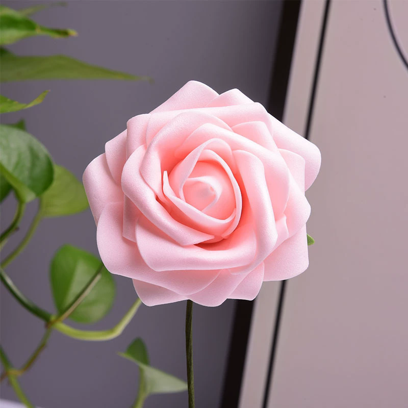 25 Rose Artificial Foam Flowers with Stems Wire and Leaves 2.8" White