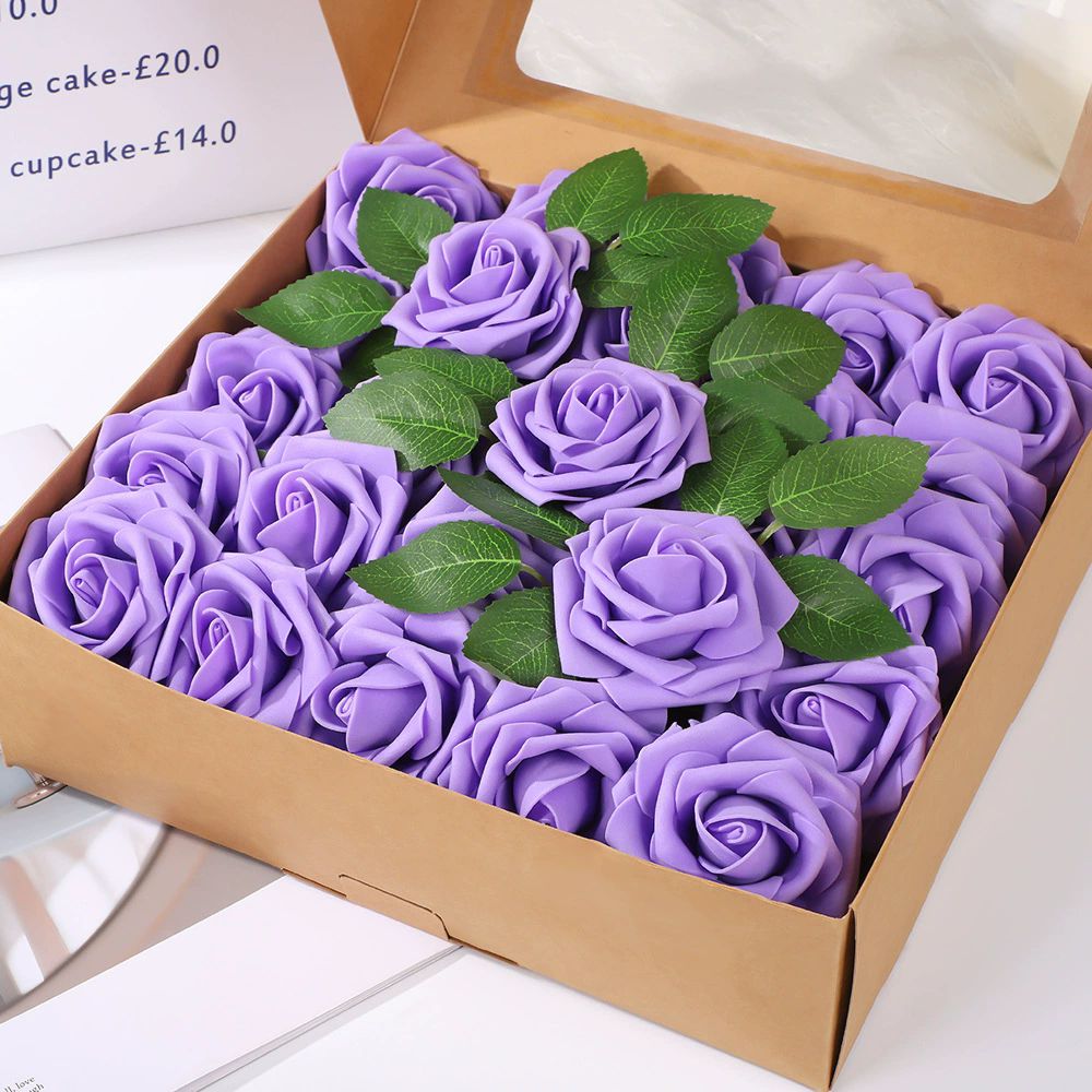 Artificial Flower Foam Rose 25pcs Real Looking Fake Rose Light Purple