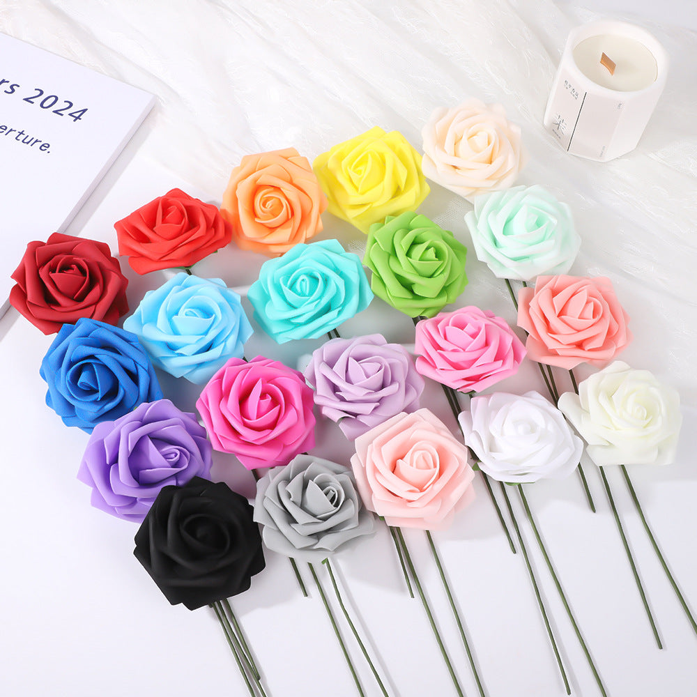 25 Rose Artificial Foam Flowers with Stems Wire and Leaves 2.8" White