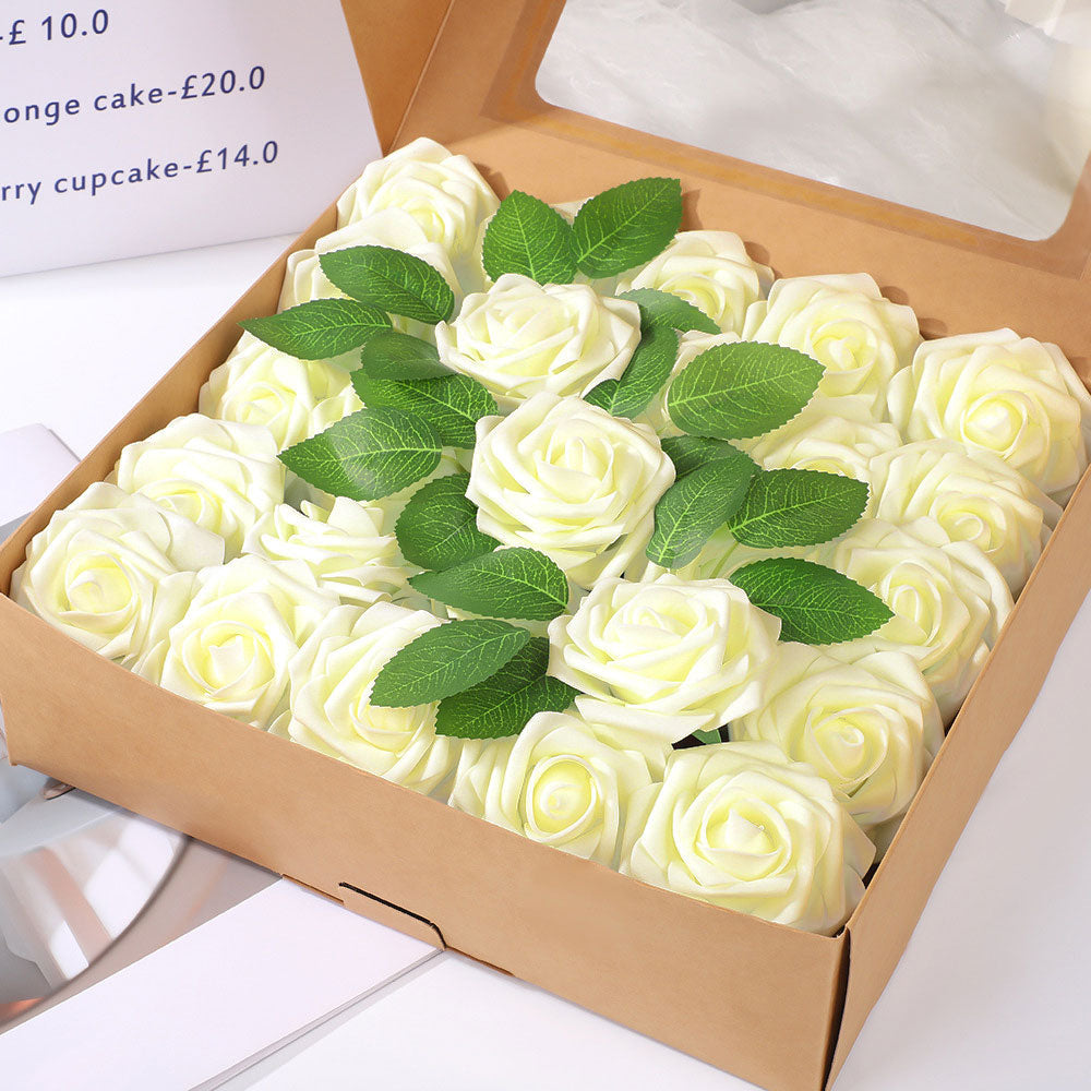 Artificial Flower Foam Rose 25pcs Real Looking Fake Rose Milky White