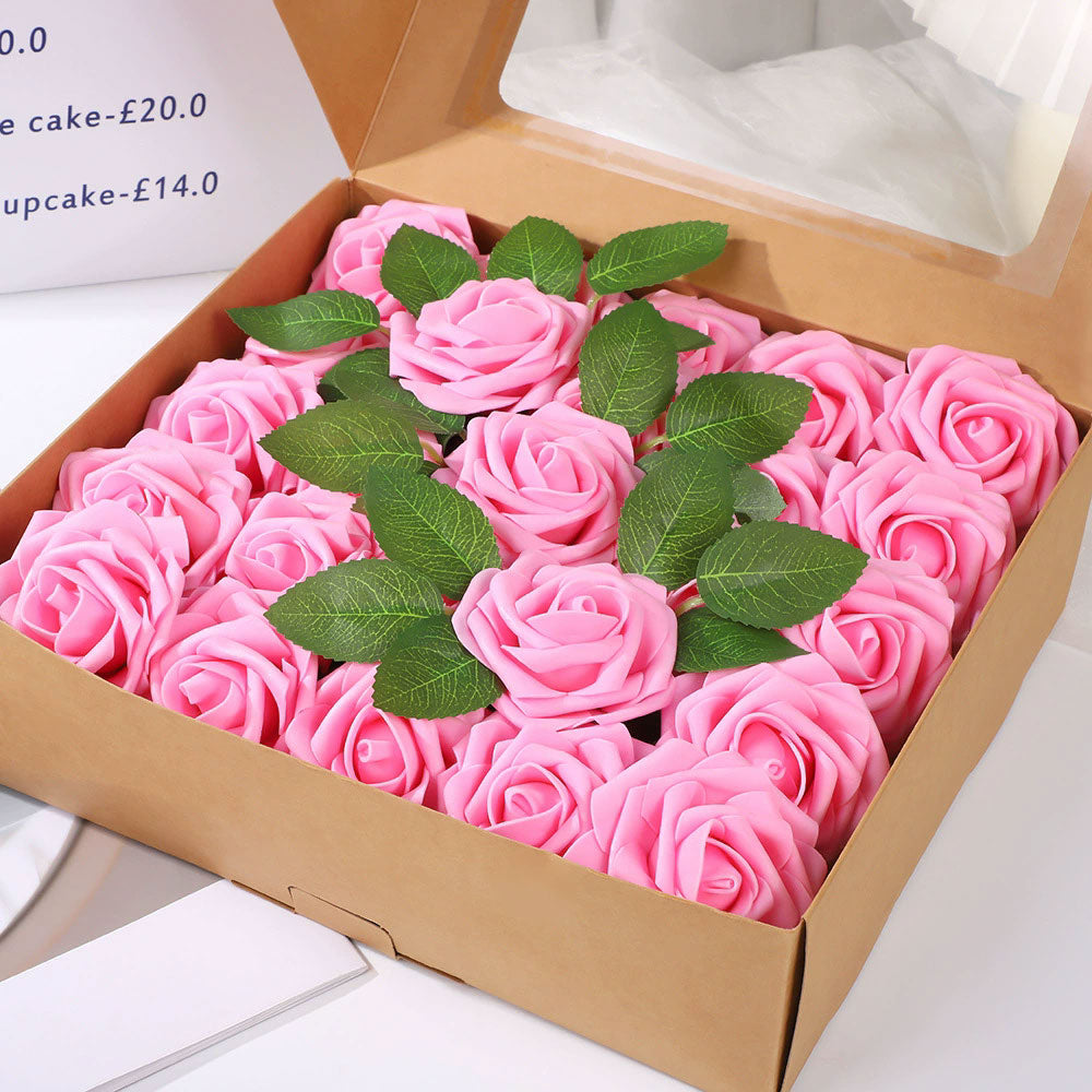 Artificial Flower Foam Rose 25pcs Real Looking Fake Rose Green Pink