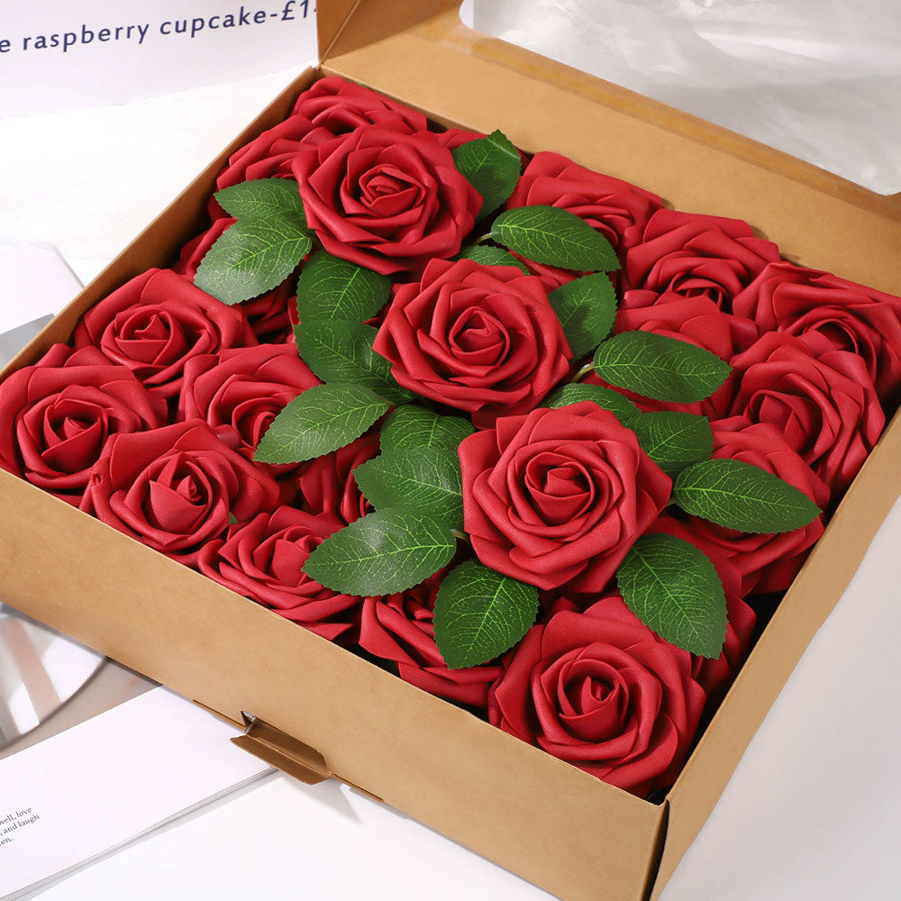 Artificial Flower Foam Rose 25pcs Real Looking Fake Rose Wine Red