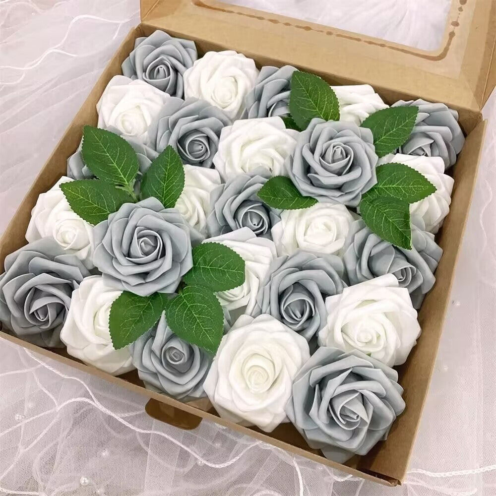 Artificial Flower Foam Rose 25pcs Real Looking Fake Rose Gray White