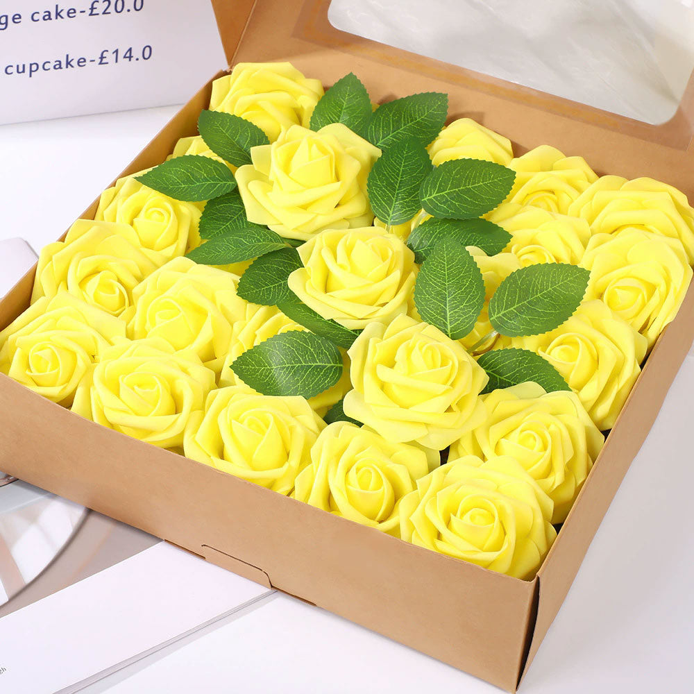 Artificial Flower Foam Rose 25pcs Real Looking Fake Rose Yellow