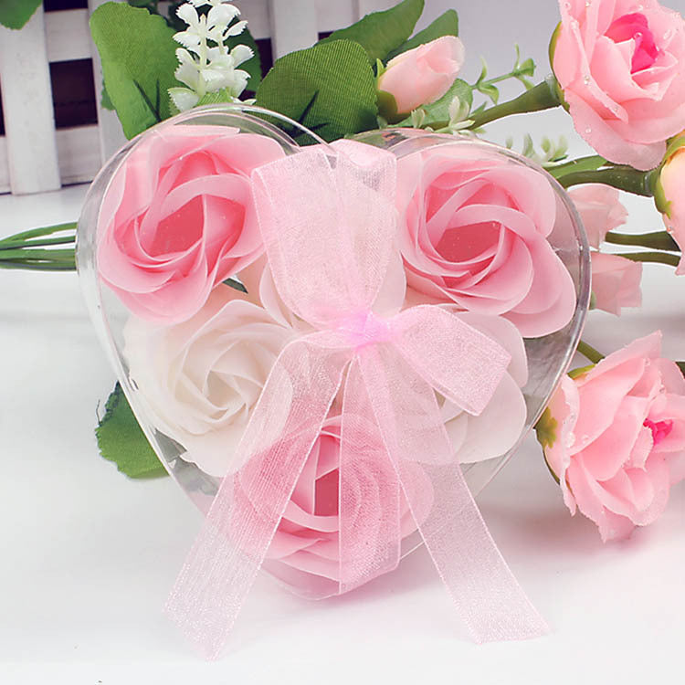 4 Pcs Rose Fragrance Heart-Shaped Soap Flower Gift Box Pink