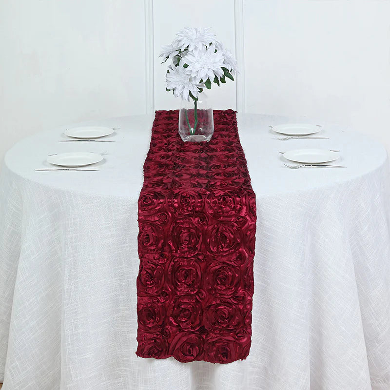 Wedding Rosette Satin Table Runner 108" x14" Wine Red