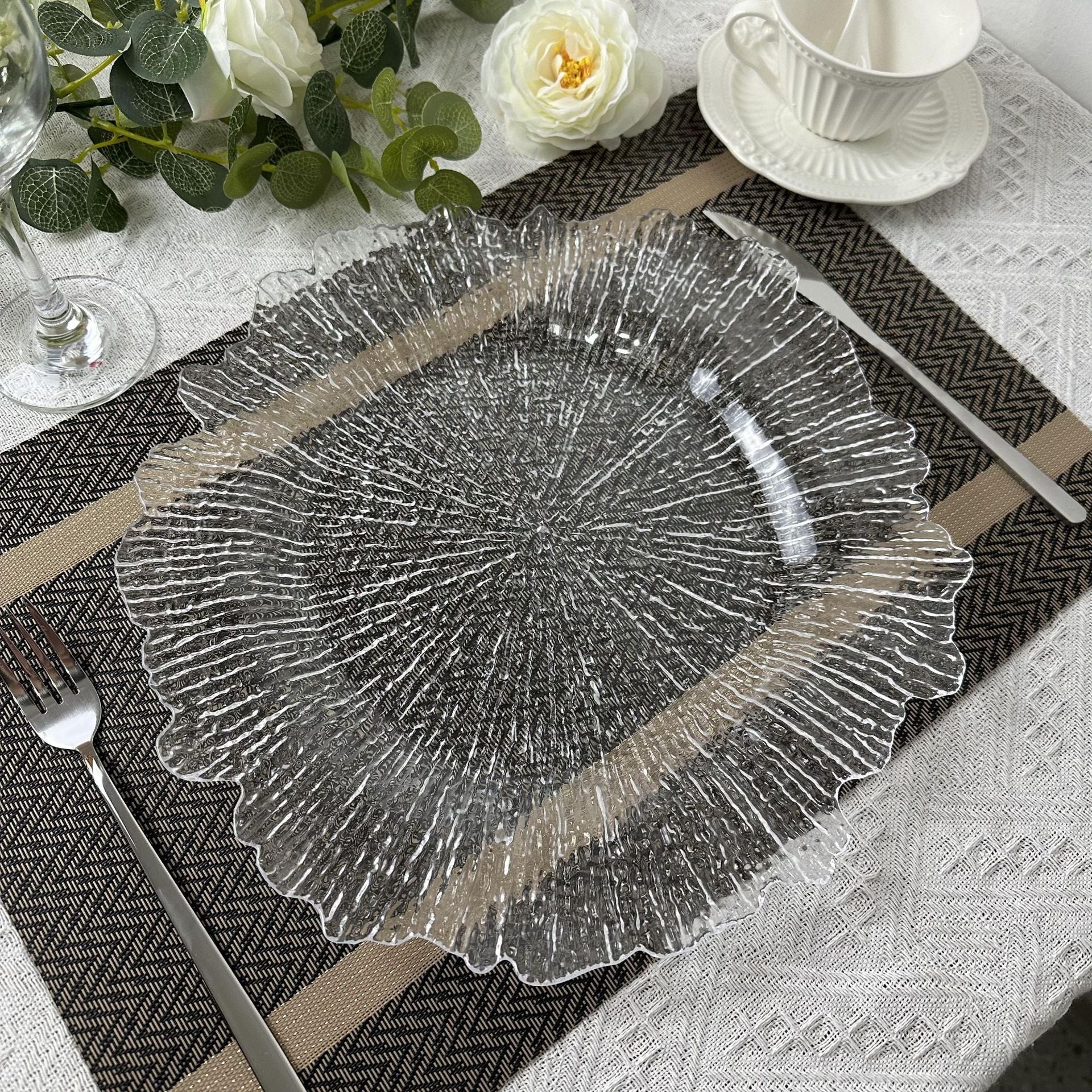 6 Pc Round Reef Design Acrylic Plastic Charger Plates 13" Transparent