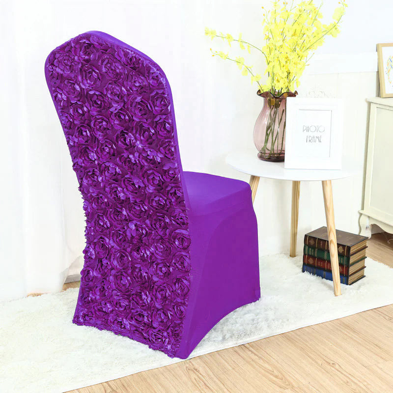 Satin Rosette Spandex Stretch Banquet Chair Cover Purple