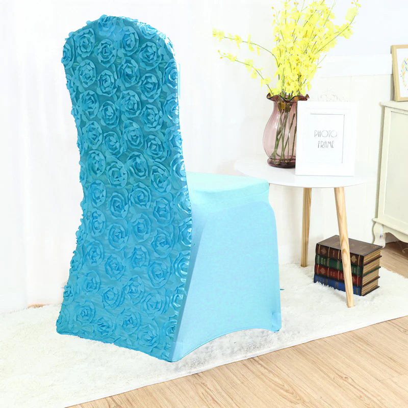 Satin Rosette Spandex Stretch Banquet Chair Cover Lake Blue