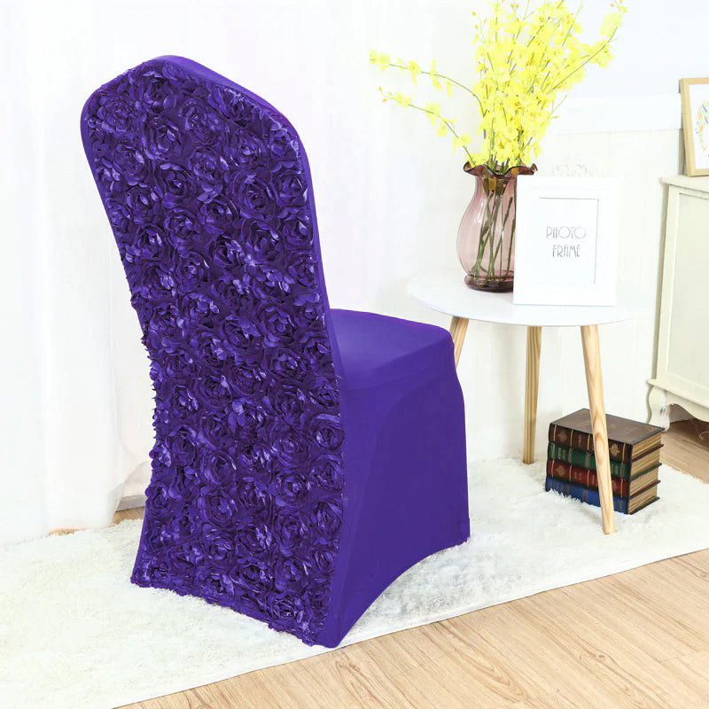 Satin Rosette Spandex Stretch Banquet Chair Cover Deep Purple