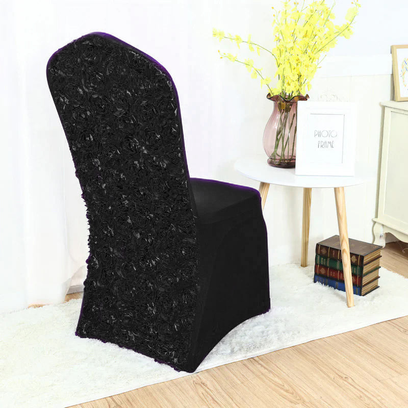 Satin Rosette Spandex Stretch Banquet Chair Cover Black