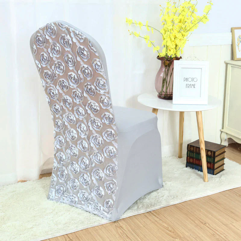 Satin Rosette Spandex Stretch Banquet Chair Cover Silver