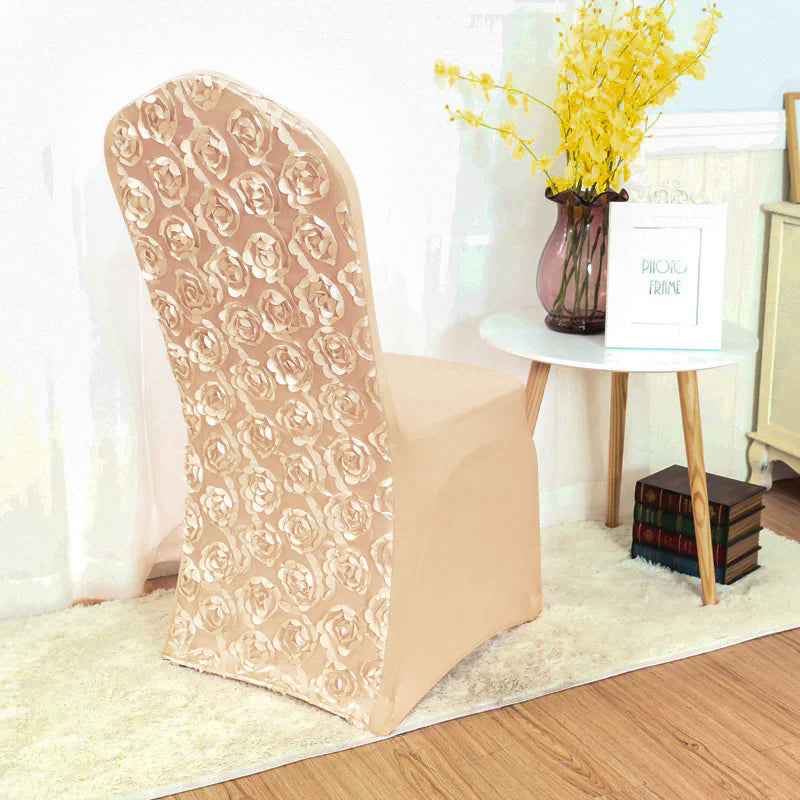 Satin Rosette Spandex Stretch Banquet Chair Cover Champagne