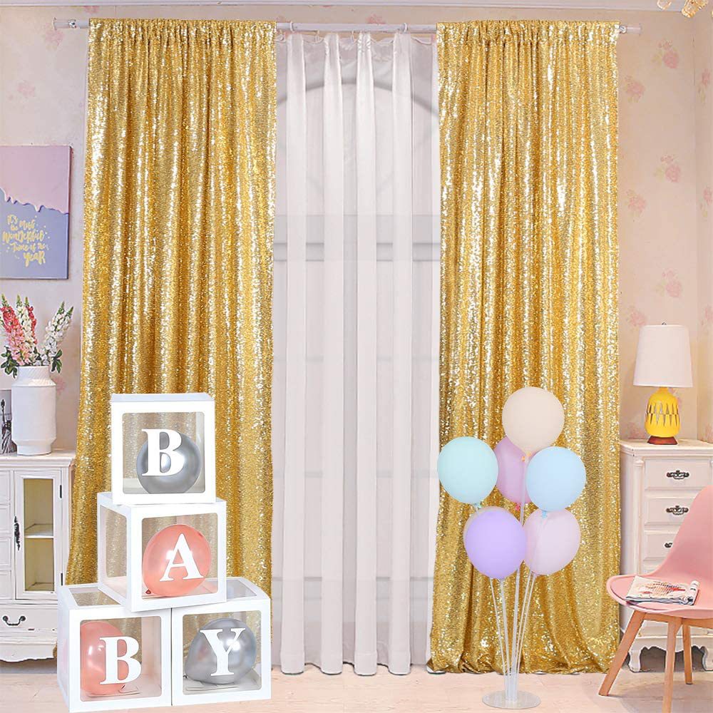 2 Pc Gold Sequin Backdrop Drape Curtains with Rod Pockets - 8ftx2ft