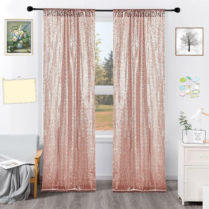 2 Pc Rose Gold Sequin Backdrop Drape Curtains with Rod Pockets - 8ftx2ft