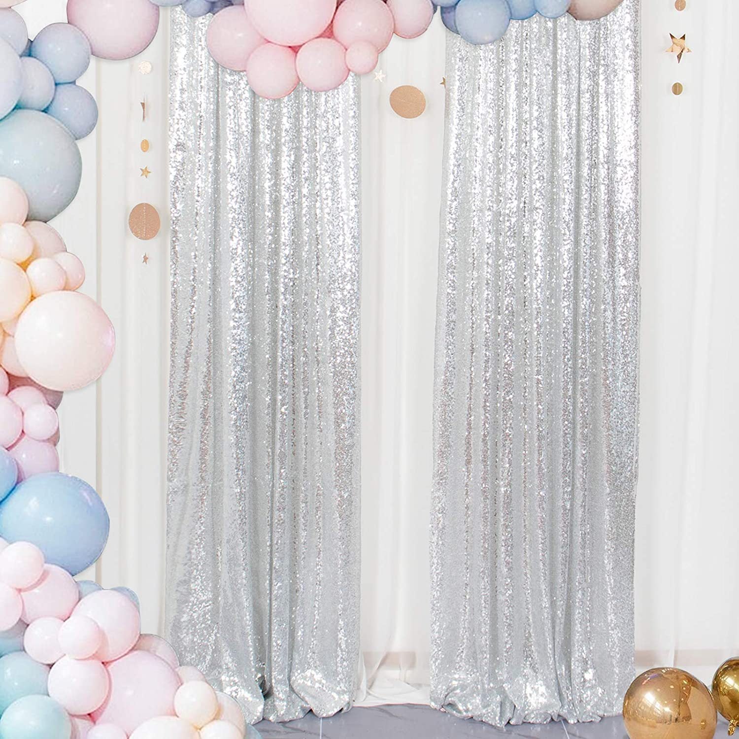 2 Pc Silver Sequin Backdrop Drape Curtains with Rod Pockets - 8ftx2ft
