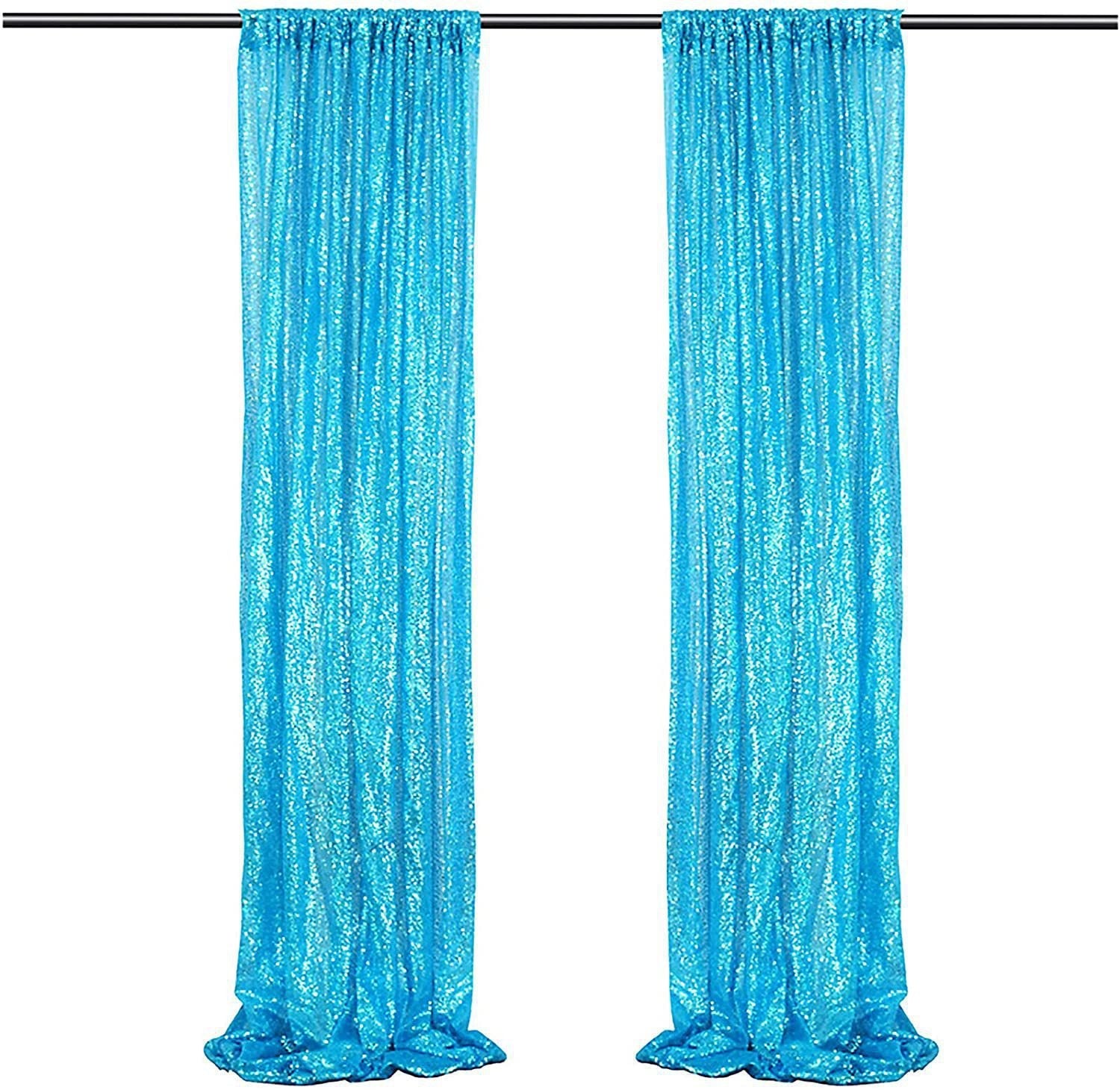 2 Pc Lake Blue Sequin Backdrop Drape Curtains with Rod Pockets - 8ftx2ft