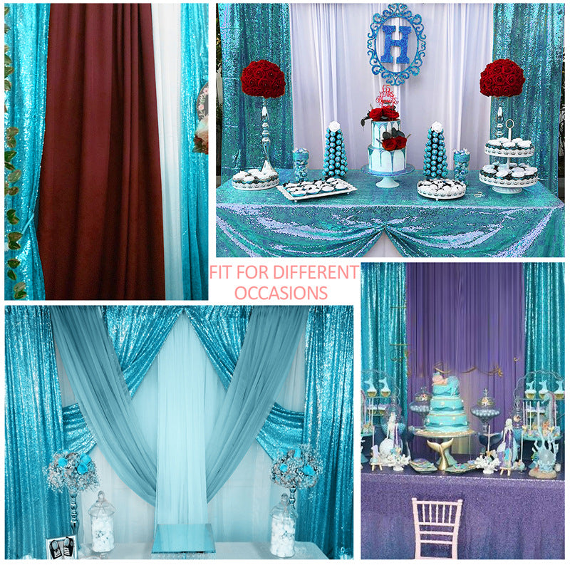 2 Pc Lake Blue Sequin Backdrop Drape Curtains with Rod Pockets - 8ftx2ft