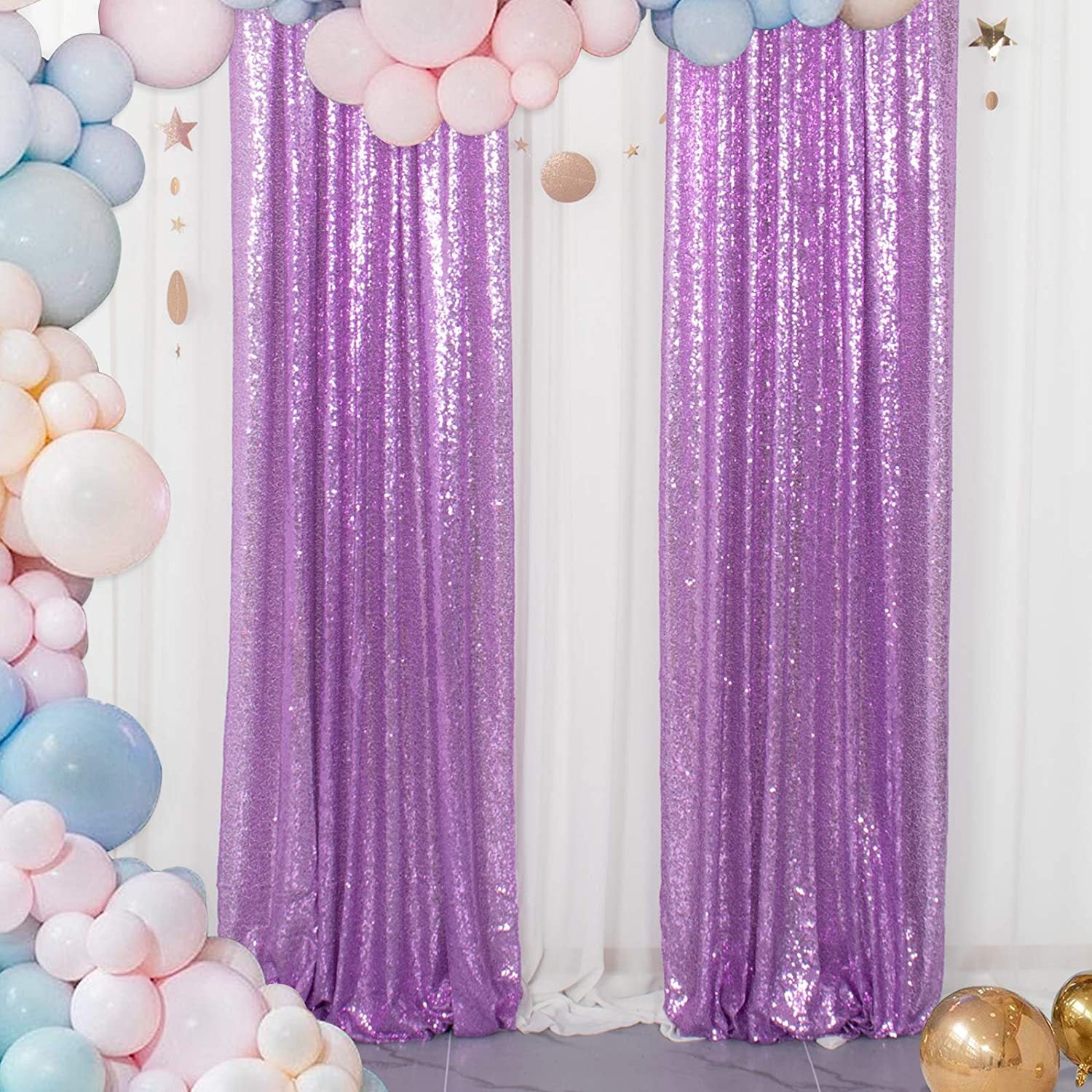 2 Pc Light Purple Sequin Backdrop Drape Curtains with Rod Pockets - 8ftx2ft