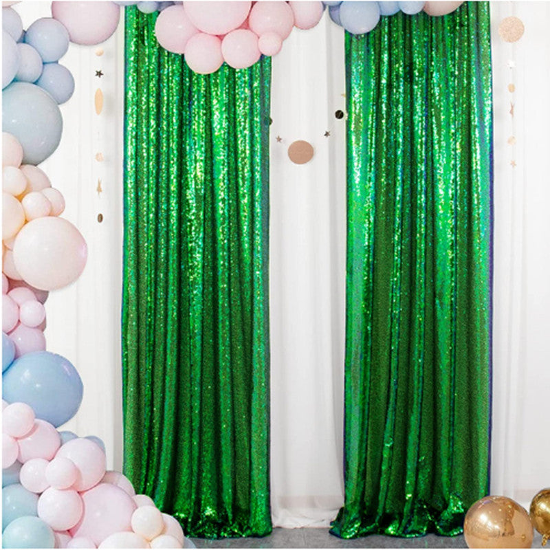 2 Pc Green Sequin Backdrop Drape Curtains with Rod Pockets - 8ftx2ft