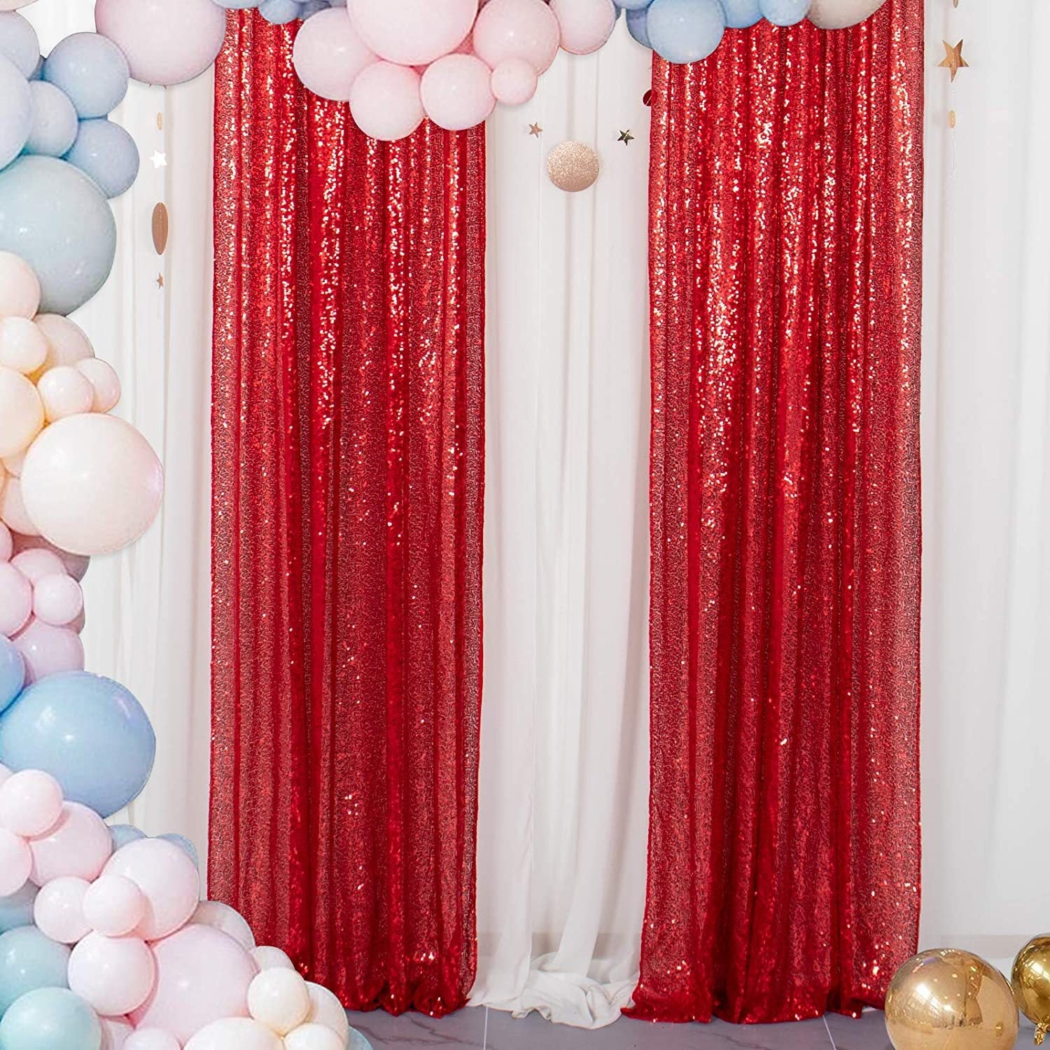 2 Pc Red Sequin Backdrop Drape Curtains with Rod Pockets - 8ftx2ft